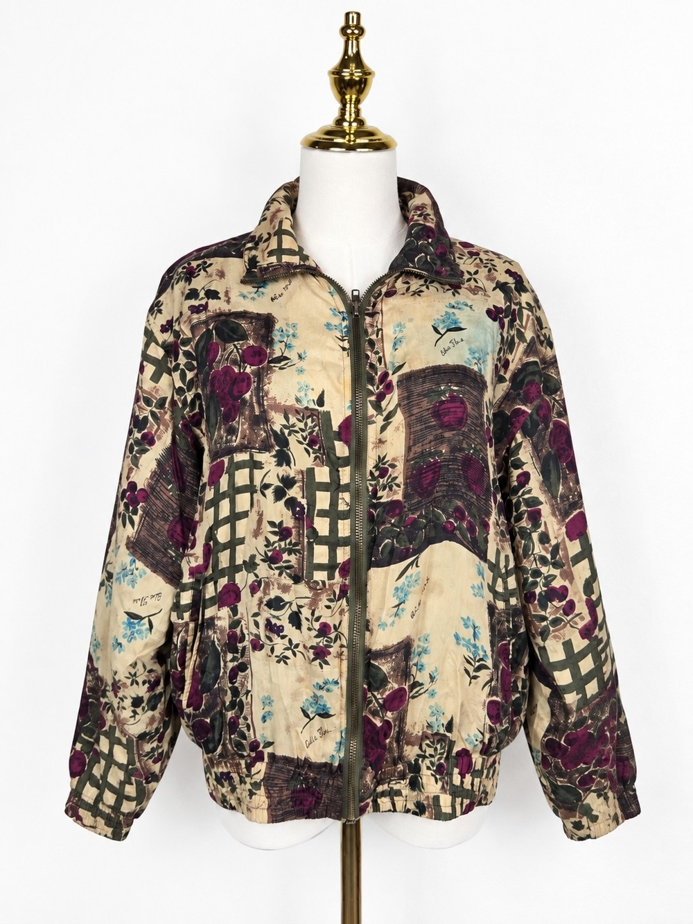 Vintage 90s 100% Silk Botanical Fruit Print Art to Wear Bomber Jacket Petite S